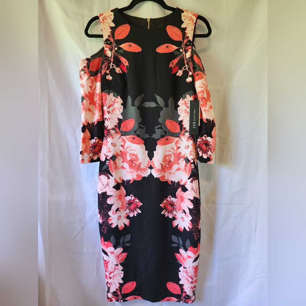 Jax Black Label NWT- Size 2- Floral Cold Shoulder Dress- Black, Grey, Pinks